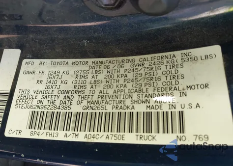 2006 Toyota Tacoma Prerunner V6 from USA, damaged, VIN 5TEJU62N96Z284385